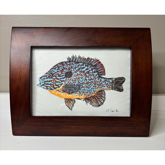 A vibrant original painting of a bluegill sunfish, hand-drawn and painted with acrylic markers on paper. This colorful...