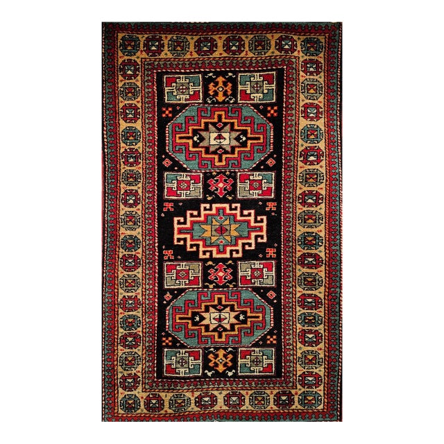 Vintage Persian Kurdish Rug, Hand-Knotted Wool, Geometric Pattern, Navy & Tan, 3x5 For Sale
