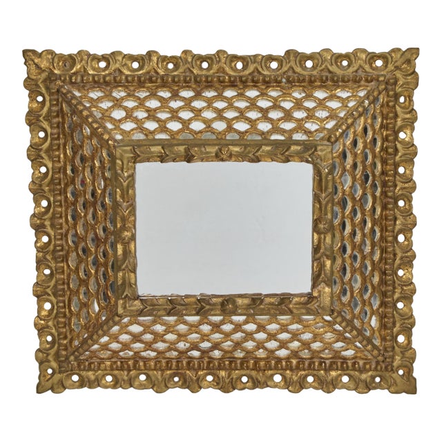 Vintage Spanish Colonial Giltwood Square Mirror W/Fish Scale Mirror Insets For Sale