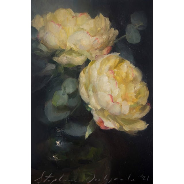 Yellow Peonies by Stephanie Deshpande | Oil on panel of two yellow peony flowers For Sale