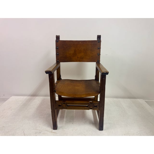 Vintage Spanish Walnut and Leather Armchair, 1950s For Sale - Image 4 of 16