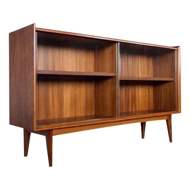Mid-Century Walnut & Teak Sliding Glass Display Cabinet For Sale
