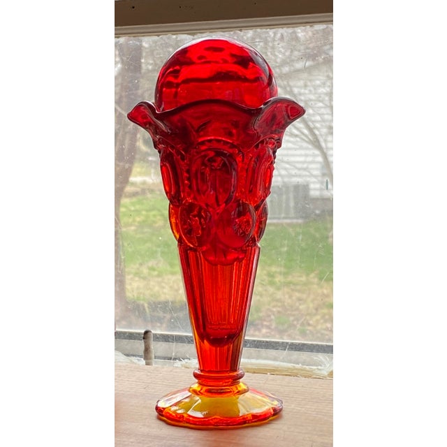 Vintage Blazing Moon and Stars Pattern Ruby Red & Amberina Pressed Glass Trumpet Bud Vase + Ball Stopper For Sale - Image 9 of 9