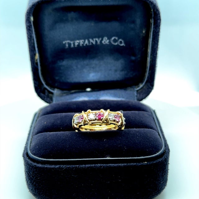 Gold Tiffany & Co. Platinum Schlumberger Diamond & Sapphire Ring 1.34ct 7.1g, Size 5.5 For Sale - Image 8 of 9