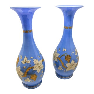 Vintage Blue Floral Detail Vases - A Pair For Sale