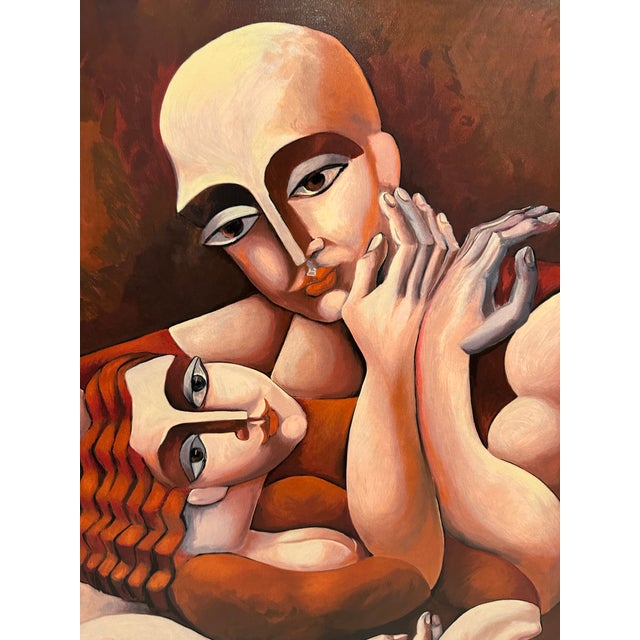 Late 20th Century Yuroz Cubist Figural Painting of Embracing Couple in Gilt Frame For Sale - Image 4 of 8