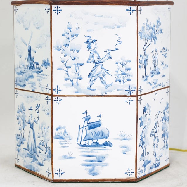 A Pair of Vintage Hand-Painted Blue and White Imitation Dutch Tile Landscape Tea Can Table Lamps For Sale - Image 10 of 14