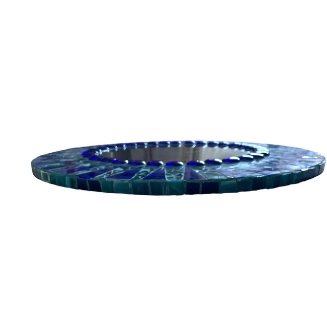 Late 20th Century Round Mosaic Wall Mirror Inlaid With Ceramic and Glass Blue and Green Tile. 24 Inches. For Sale - Image 5 of 8