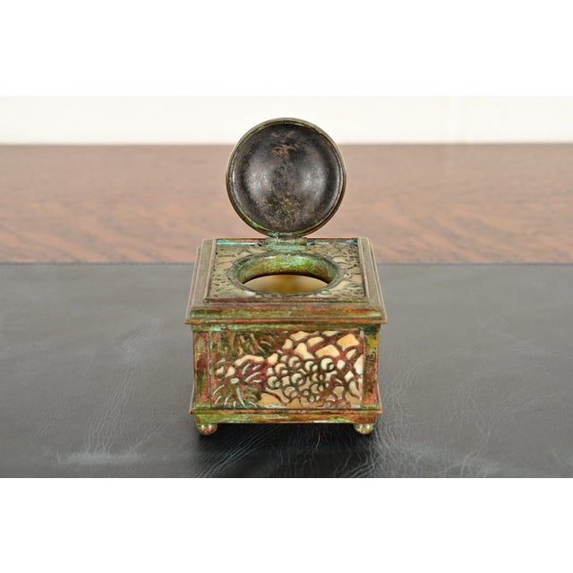 Metal Tiffany Studios New York Grapevine Bronze and Favrile Slag Glass Inkwell For Sale - Image 7 of 13