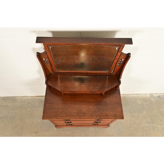 Liberty & Co. Antique English Mission Oak Arts & Crafts Vanity Dresser With Mirror, Circa 1900 For Sale - Image 10 of 13