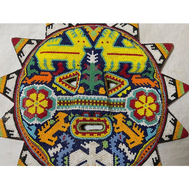 Vintage Handmade Mexican Huichol Chroma Beaded Wood Wall Sun Sculpture Mask Art For Sale In New York - Image 6 of 13