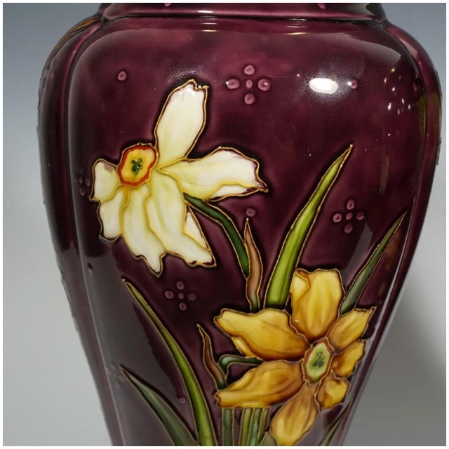 Pair of Large Antique French Sevres Optat Milet Ceramic Vases Art Nouveau Flowers Purple Ground For Sale - Image 6 of 12