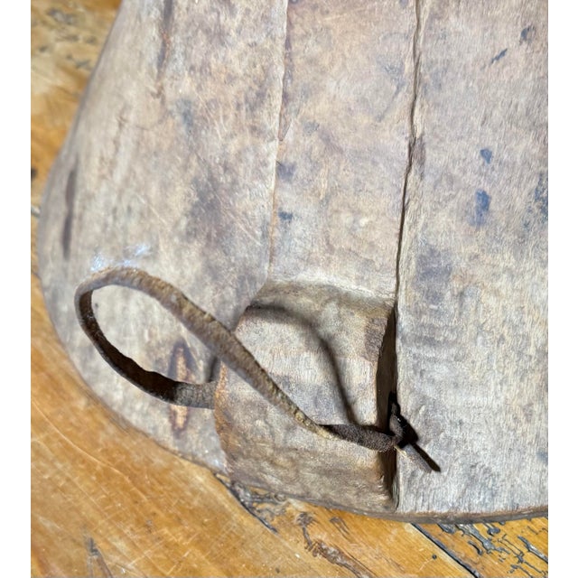 Charcoal Antique Primitive Hand-Carved Wooden Bowl With Original Hanging Handle and Folk Art Repairs For Sale - Image 8 of 12