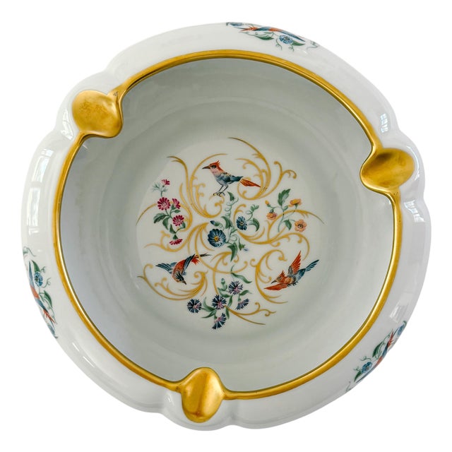 Large ]French Limoges Porcelain Ashtray With Birds of Paradise & 22k Gold Gilding, Circa 1960 For Sale