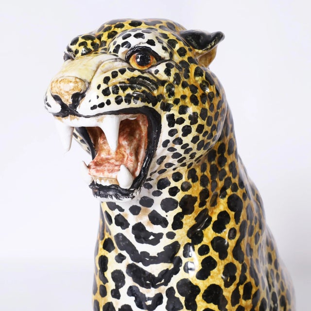 Goldenrod Pair of Vintage Italian Glazed Terra Cotta Leopard or Cat Sculptures For Sale - Image 8 of 10