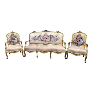 Vintage Grand Living Room Gilded French Rococo Sofa & Armchairs Floral Upholster Set For Sale