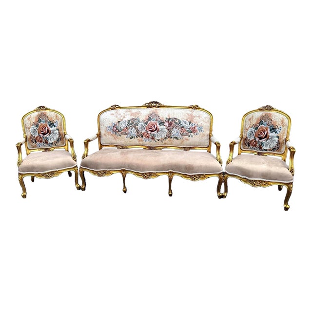 Vintage Grand Living Room Gilded French Rococo Sofa & Armchairs Floral Upholster Set For Sale