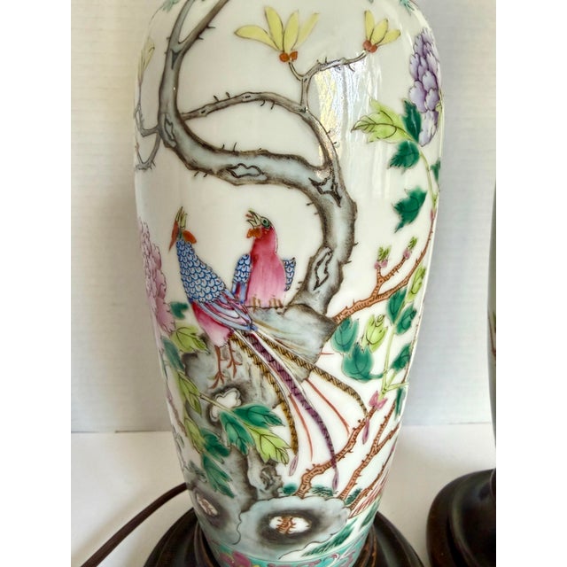 Chinoiserie Vintage Chinese Chinoiserie Porcelain Table Lamps With Birds, Chrysanthemums & Pleated Shades - a Pair For Sale - Image 3 of 12
