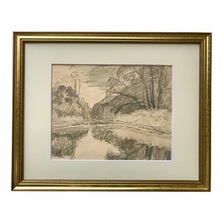 Antique Drawing of a Pond and Trees in a Landscape by Robert Whoitmore 1911 For Sale