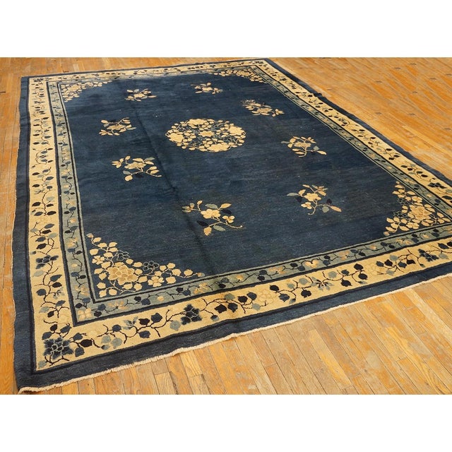 Classic Ivory Blue Color Antique Floral Medallion Pattern Chinese Peking Rug For Sale - Image 4 of 9