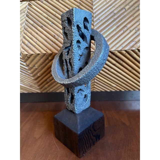 Mid-Century Modern Vintage Signed 13” Hand Hammered Blackwashed Metal Sculpture on Wood Base in a Western Industrial Style For Sale - Image 3 of 17