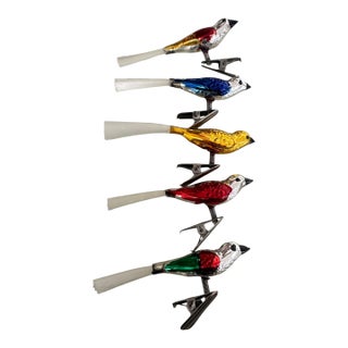 Set of 5 Vintage Mercury Glass Clip on Bird Ornaments For Sale