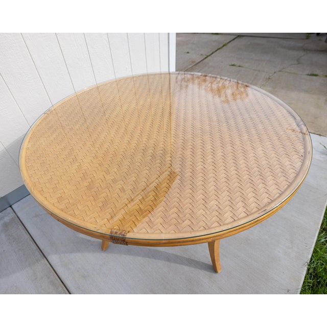 Vintage Round Woven Wicker & Rattan Herringbone Parquetry Dining Table - 48" For Sale - Image 10 of 13