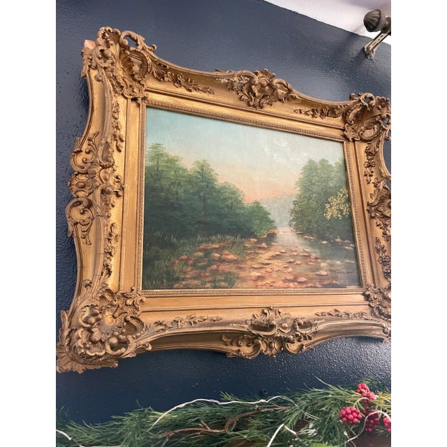English Antique Landscape Oil Painting in Gold Ornate Frame For Sale - Image 3 of 11