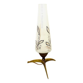 Mid-Century Space Age Modern Brass Tripod Table Lamp with Opaline Glass Lampshade, 1950s For Sale