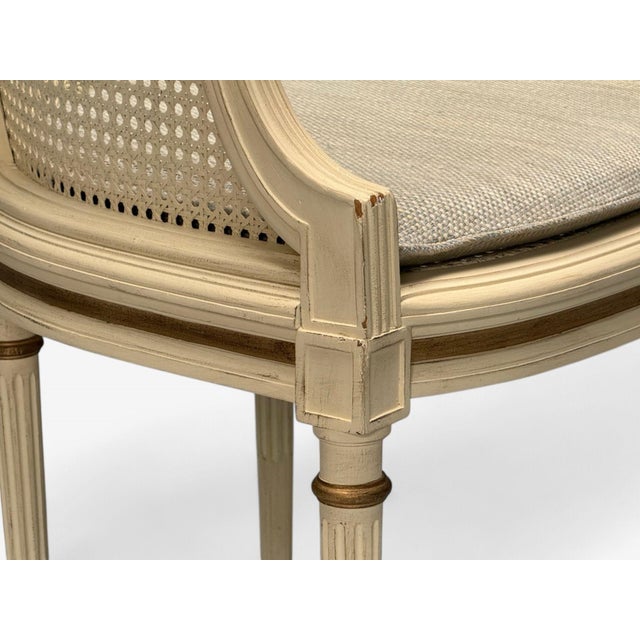 Louis XVI Style, Barrel Back Occasional Chair, Cream Painted Wood, Cane, 1960s For Sale In New York - Image 6 of 11