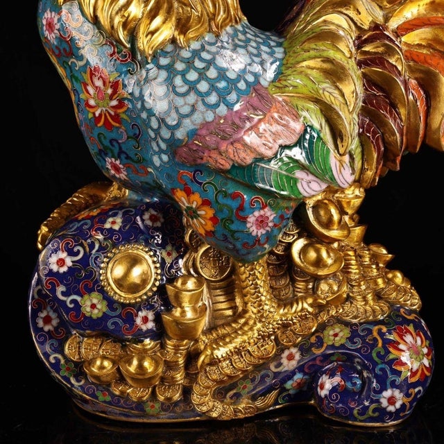 Bronze Late 20th Century Gilt Bronze Cloisonné Enamel Rooster Figure With Coin Motif For Sale - Image 8 of 10