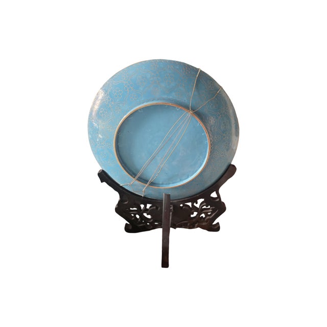 Metal Large Antique Japanese Cloisonné Enamel on Brass Charger With Carved Wood Stand - 20" For Sale - Image 7 of 8