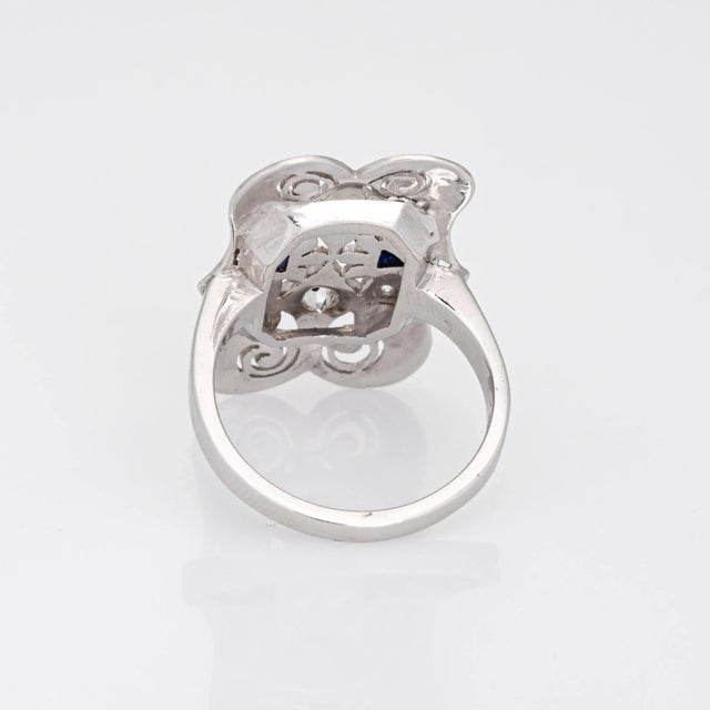Early 20th Century Vintage Art Deco Diamond Sapphire Ring 14k White Gold Filigree 6 Dinner Jewellery size 6 For Sale - Image 5 of 7
