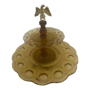 Vintage Bartlett Collins St. Genevieve Brass Eagle Topped 1960s Amber Glass Two Tiered Serving Stand Tidbit Tray With Wood Accents