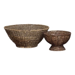 Vintage 2pc Woven Baskets 21” XL Woven & Pedestal For Sale
