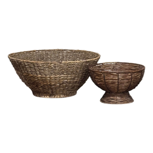 Vintage 2pc Woven Baskets 21” XL Woven & Pedestal