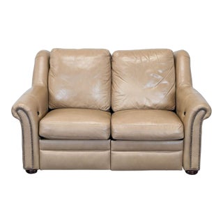 Bradington-Young Newman Tan Leather Loveseat With Recliner For Sale