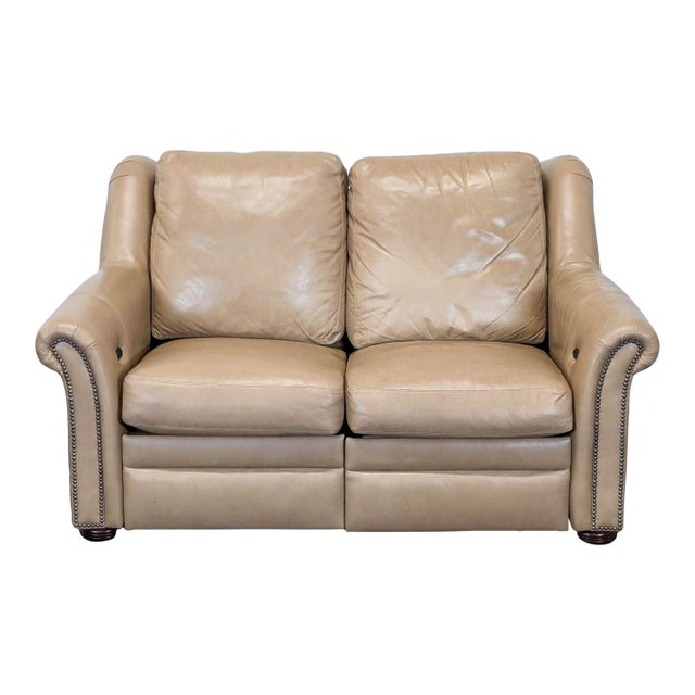 Bradington-Young Newman Tan Leather Loveseat With Recliner For Sale