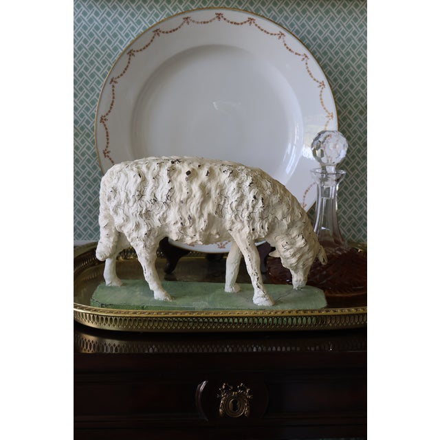 Vintage Hand-Painted English Country Grazing Sheep Sculpture on Green Plinth For Sale - Image 4 of 18