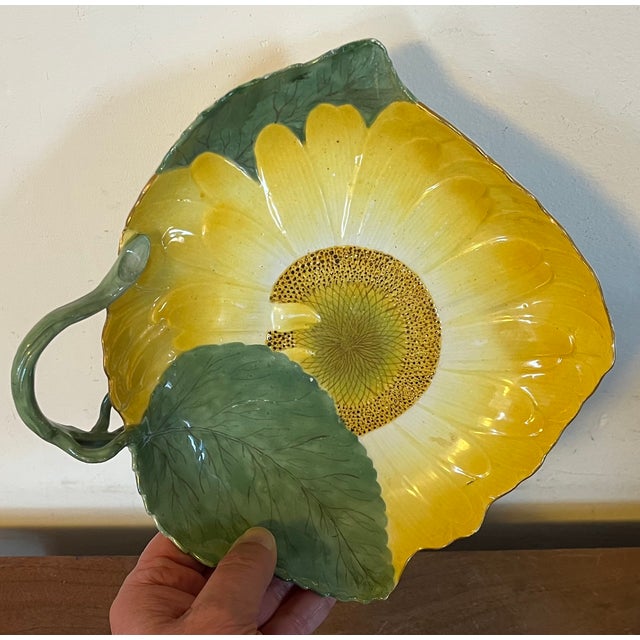 Antique 18th century Meissen porcelain sunflower dish. Naturalistically molded flower and leaves with branch handle....