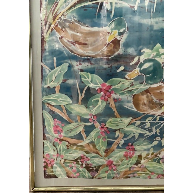 Mid-Century Modern Large Mid Century Printed Silk Wall Hanging of Mallard Ducks in a Pond, Framed, Signed For Sale - Image 3 of 13