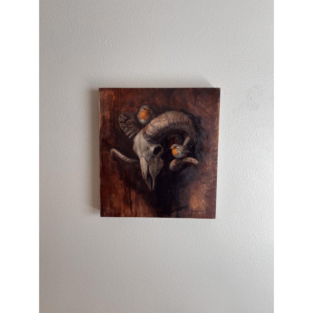 Echoes of Life by Terra Novak | Oil on wood Skull with birds on a wooden background For Sale
