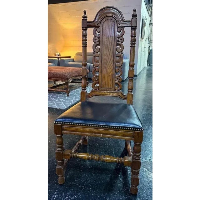 Wood Henry Link 'Majorca' Spanish Style Carved Oak Dining Chairs With Leather Seat Upholstery - Set of 6 - Vintage Mid 20th Century For Sale - Image 7 of 8