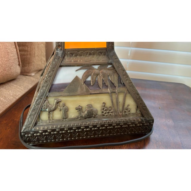 Glass 1920s Antique Meyda Arts & Craft Camel Mission Pyramid Egypt Slag Glass 3 Switch Lamp For Sale - Image 7 of 12