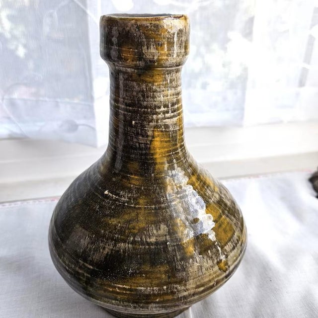 Vintage Early Mid-century Signed Studio Pottery Vase Bottle MCM Green Yellow Glazed 7.5" tall