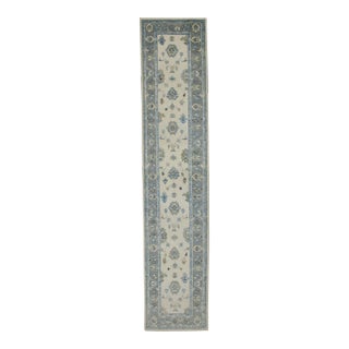 Early 21st Century Cream & Blue Floral Design Handwoven Wool Turkish Oushak Runner 2'11" X 13'11" For Sale