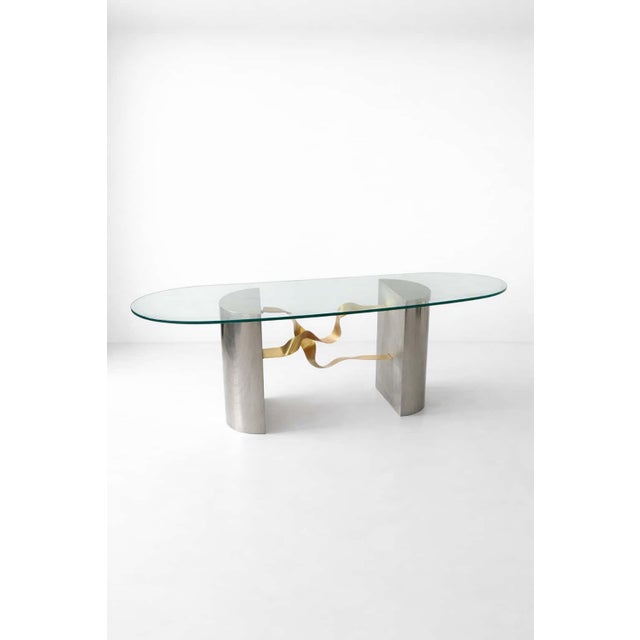 Mid-Century Modern 1980s Brushed Steel and Brass Console Table For Sale - Image 3 of 3