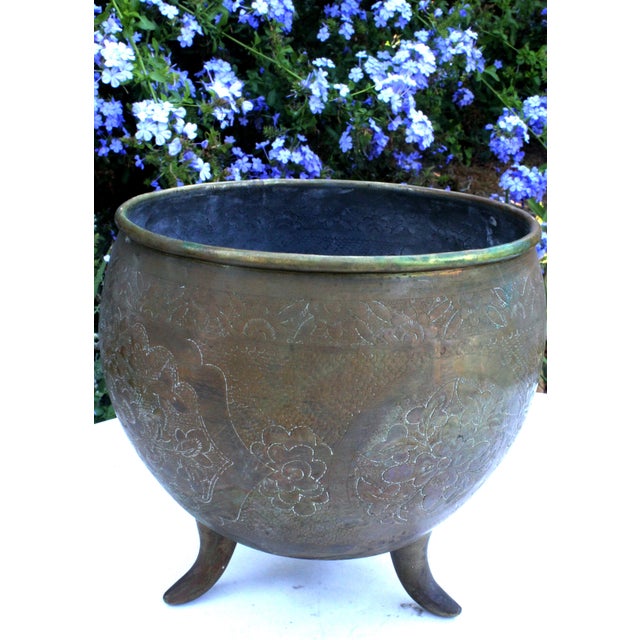 8" Vintage Hand-Chased Brass Cachepot Jardinere – Peony & Chrysanthemum Engravings For Sale - Image 12 of 15