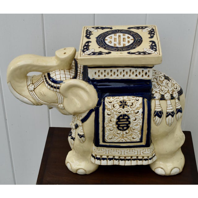 Vintage (1970's) Garden Stool/Plant Stand has a Chinoiserie Style. Ceramic Elephant in a Blue and Cream Painted Glossy...