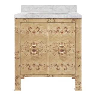 Matthew Izzo Home Blanche Light Burlwood Single White Porcelain Sink Bath Vanity With Carrara Marble Top and Backsplash and Brass Hardware For Sale